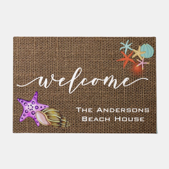 Welcome Mat Beach House Burlap Personalized (Front)