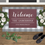 Welcome Merlot Red Personalized Family Name Doormat<br><div class="desc">Elegant and timeless custom doormat features "Welcome" in calligraphy script writing with your family's last name and your home's street address personalized in white with simple stripe accents. Note, the dark merlot / wine red background and white text colours can be modified to coordinate with your porch or entry decor....</div>