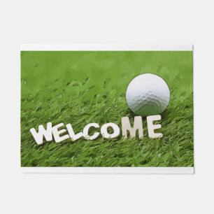 Welcome message with golf ball doormat