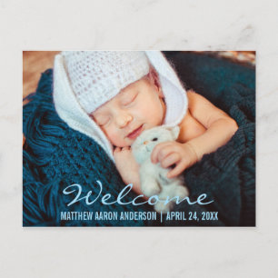 Welcome Modern New Baby Photo Announcement  Blue Postcard