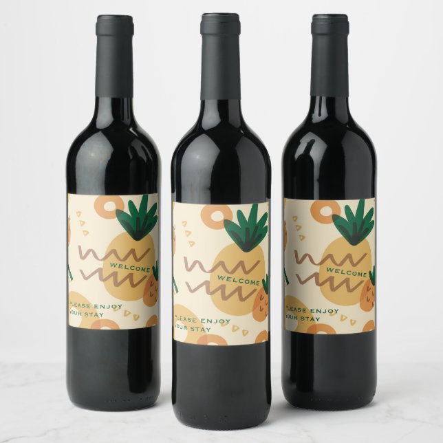 Welcome | Modern Pineapple | Vacation Rental Wine Label (Bottles)
