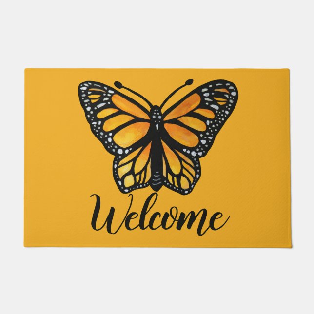 Welcome Monarch Butterfly Watercolor Painting Doormat (Front)