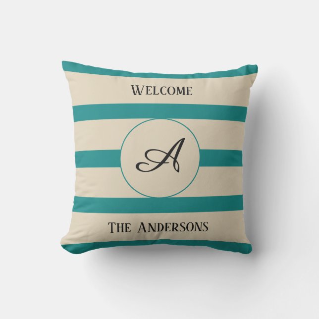 Welcome Monogram Family Name Teal Stripes - Outdoor Pillow (Front)