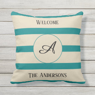 Welcome Monogram Family Name Teal Stripes - Outdoor Pillow