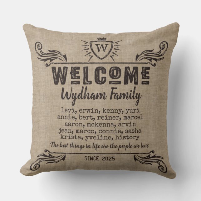 Welcome Monogram Rustic Logo Typography Burlap Throw Pillow (Front)