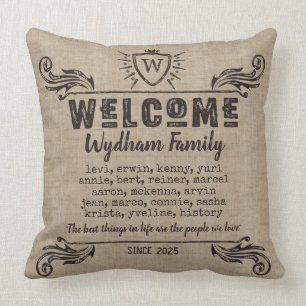 Welcome Monogram Rustic Logo Typography Burlap Throw Pillow