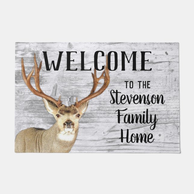 Welcome Mule Deer Hunting Buck Antlers Family Name Doormat (Front)