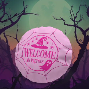 Welcome My Pretties Pink Halloween Spider Round Pillow