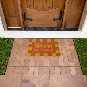 Welcome & Name Rust and Gold Chequerboard Border Doormat