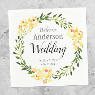 Welcome Names/Date Yellow W/Colour Flowers Wedding Napkin