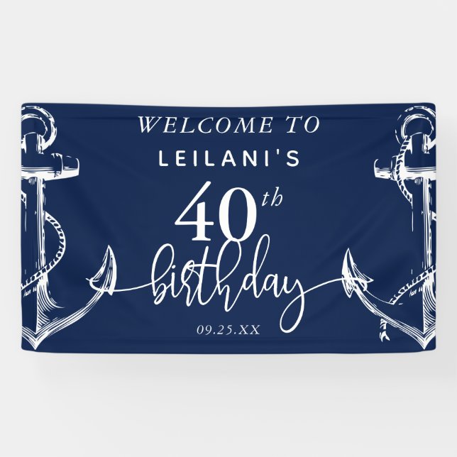 Welcome Nautical Anchor 40th Birthday Party Navy Banner (Horizontal)