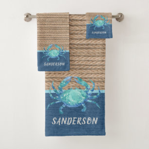 Welcome Nautical Shell Blue Crab Watercolor Rope O Bath Towel Set