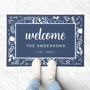Welcome Navy Blue Floral Personalized  Doormat