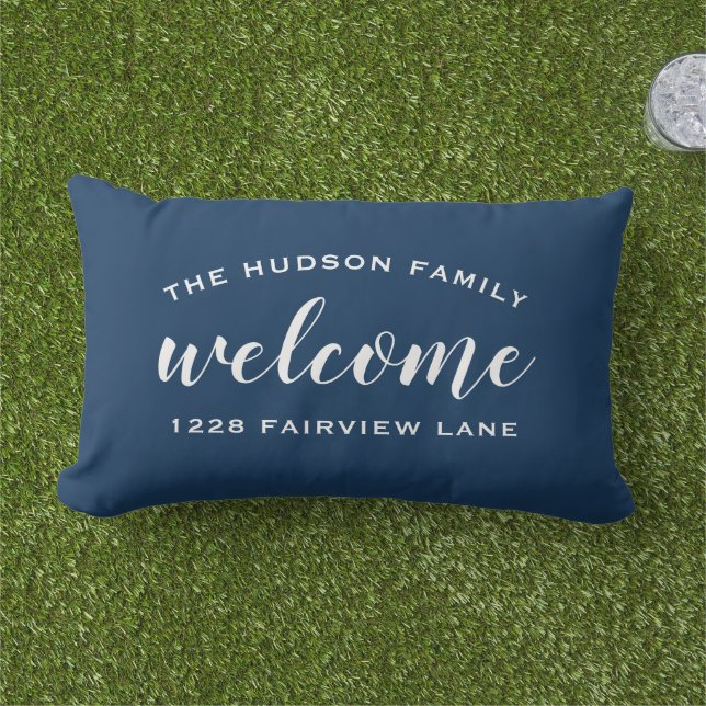 Welcome Navy Blue Personalized Family Name Address Lumbar Pillow (Grass)
