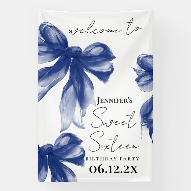 Welcome Navy Bow Coquette Script Sweet 16  Banner (Vertical)