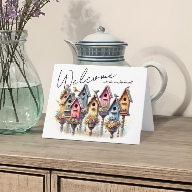 Welcome Neighbour Charming Rustic Birdhouse Pastel Card (Charming birdhouse neighborhood welcome new neighbors greeting card in Spring pastel watercolor)