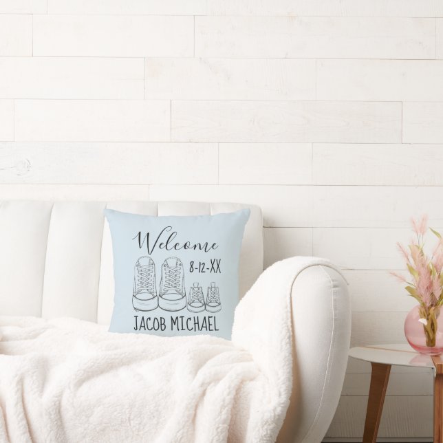 WELCOME New Arrival Baby Shoes Shower Blue Throw Pillow (Couch)