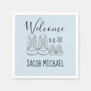 WELCOME New Arrival Baby Shoes Shower Boy Blue Napkin