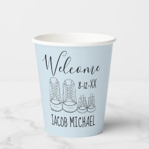 WELCOME New Arrival Baby Shoes Shower Boy Blue Paper Cups