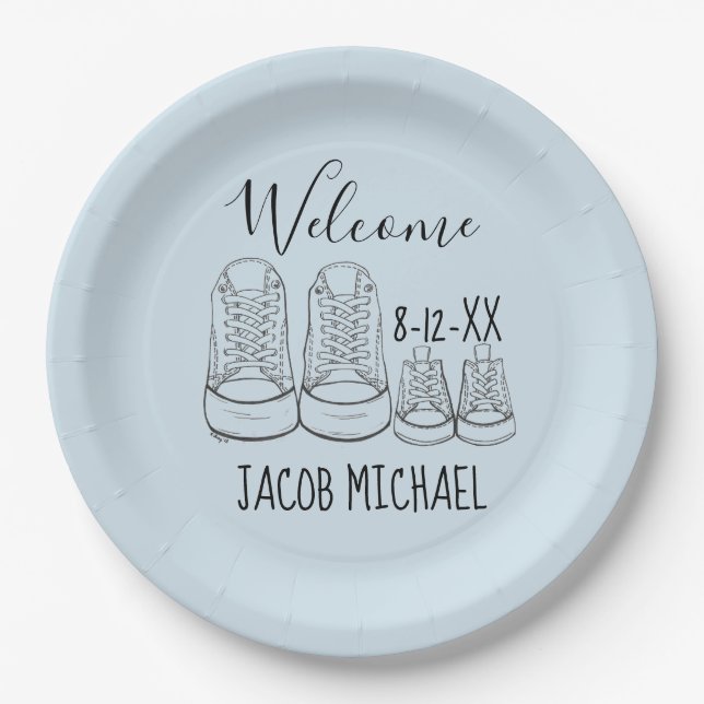 WELCOME New Arrival Baby Shoes Shower Boy Blue Paper Plate (Front)