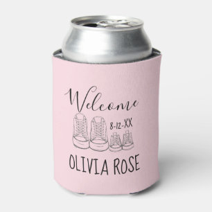 WELCOME New Arrival Baby Shoes Shower Pink Girl Can Cooler