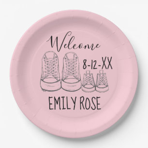 WELCOME New Arrival Baby Shoes Shower Pink Girl Paper Plate