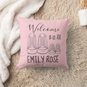 WELCOME New Arrival Baby Shoes Shower Pink Throw Pillow