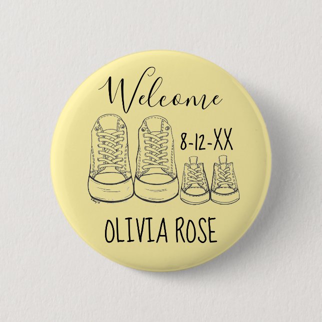 WELCOME New Arrival Baby Shoes Shower Yellow 2 Inch Round Button (Front)