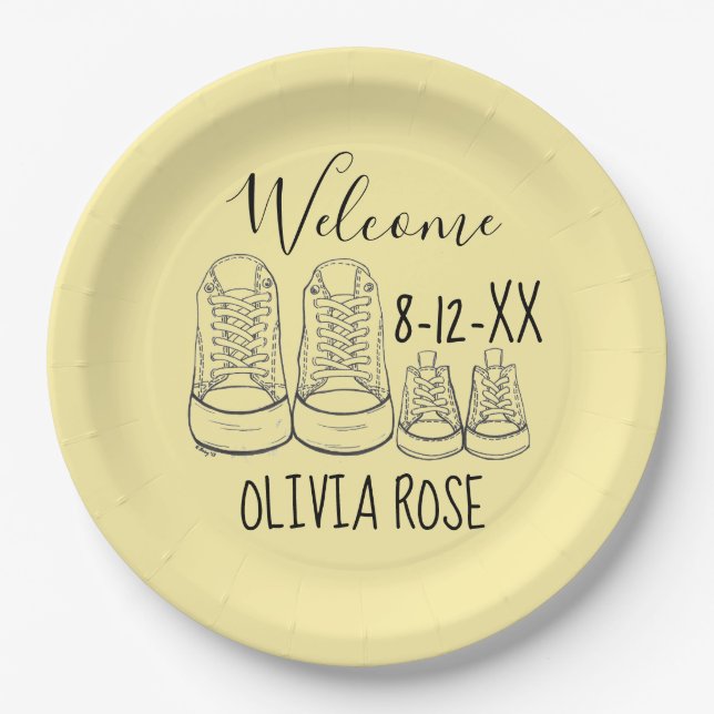 WELCOME New Arrival Baby Shoes Shower Yellow Paper Plate (Front)