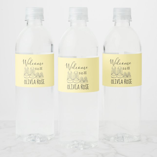 WELCOME New Arrival Baby Shoes Shower Yellow Water Bottle Label (Bottles)