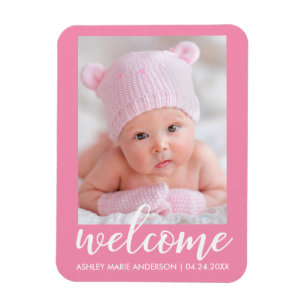 Welcome New Baby Announcement Pink Magnet