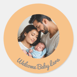 welcome new baby girl or boy peach, welcome baby classic round sticker