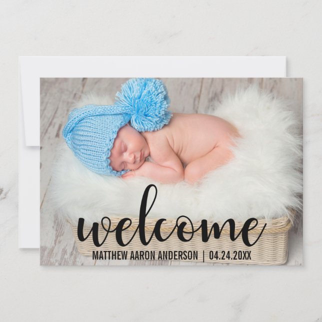 Welcome New Baby Modern Black Script Card (Front)