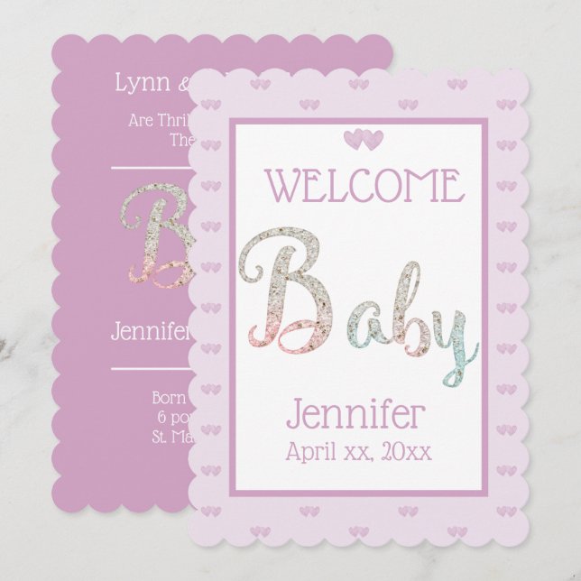 Welcome New Baby, With Name, Purple Announcement (Front/Back)
