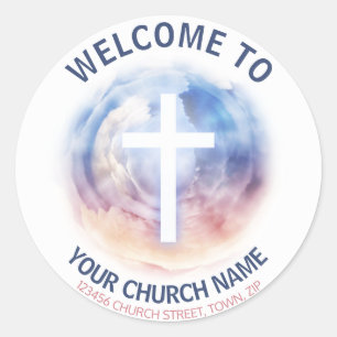 Welcome New Church Member White Crucifix Classic Round Sticker