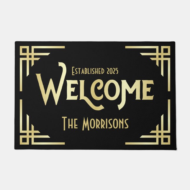 Welcome Newlywed Gift Art Deco Gold Black Gatsby Doormat (Front)