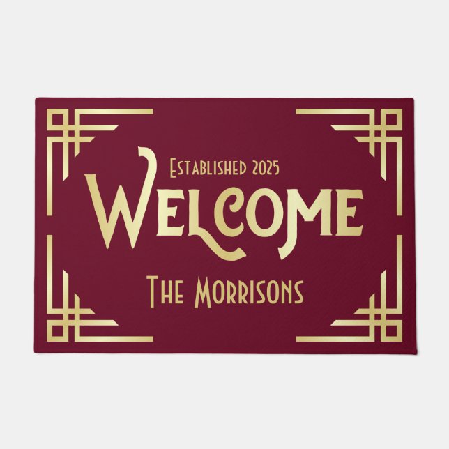 Welcome Newlywed Gift Art Deco Gold Burgundy Doormat (Front)