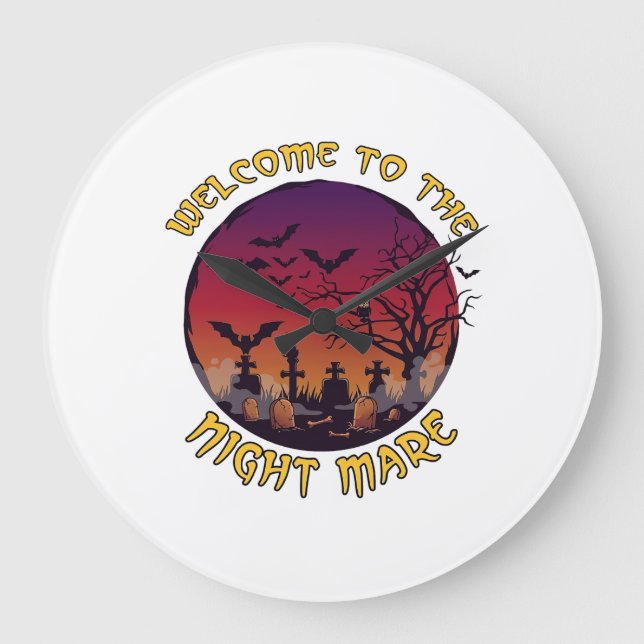 Welcome Night Mare Halloween Red Moon Graveyard_1 Large Clock (Front)