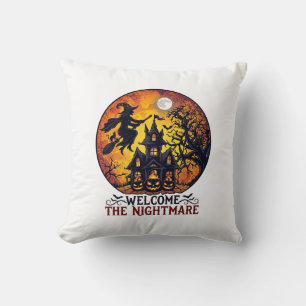 Welcome Nightmare Halloween Haunted House Flying W Throw Pillow
