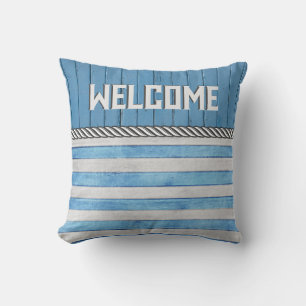 Welcome on Blue Wood and Stripes Throw Pillow