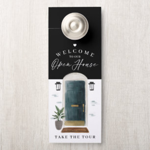 Welcome Open House Green Watercolor Front Door Hanger