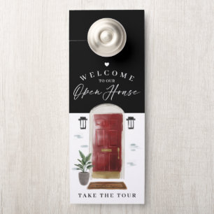 Welcome Open House Red Watercolor Front Door Hanger