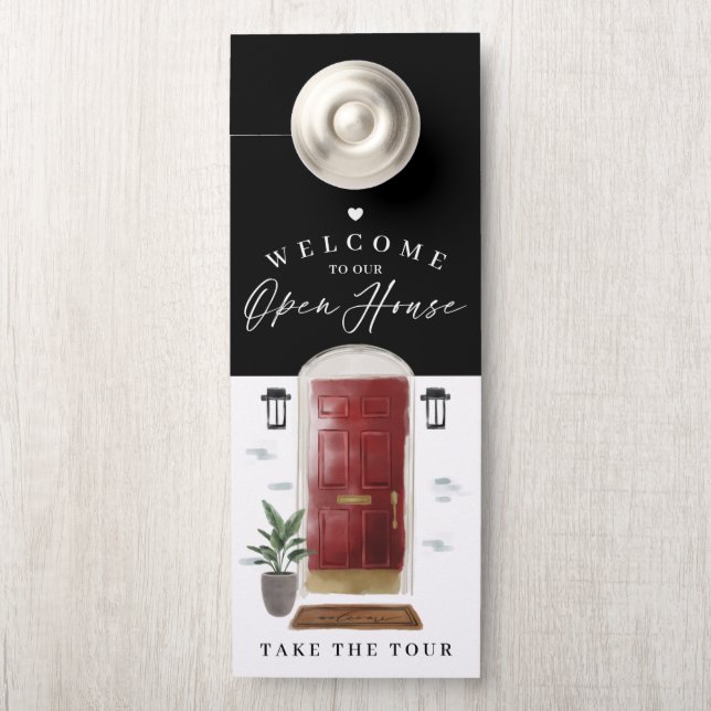 Welcome Open House Red Watercolor Front Door Hanger (On Knob)