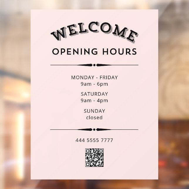 Welcome Opening Hours with QR Code Black on Pink Window Cling (Sheet 2)