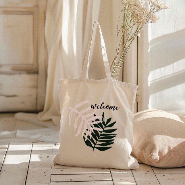 Welcome | Palm Getaway Tote Bag (Pink and green palm leaves wedding bachelorette party welcome tote bag.)