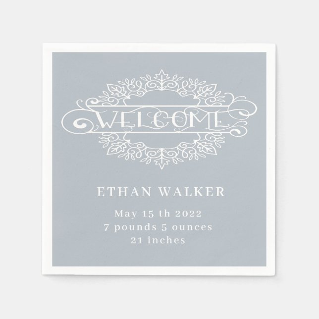 welcome party baby boy blue monogram napkin (Front)
