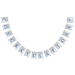 Welcome Party Dusty Blue Watercolor Ivory Flowers Bunting Flags