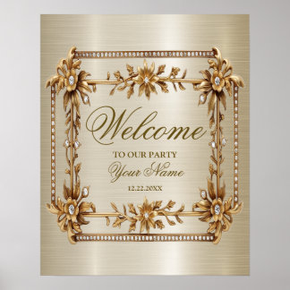 Welcome Party Golden Ornate Rectangle Dimond Poster