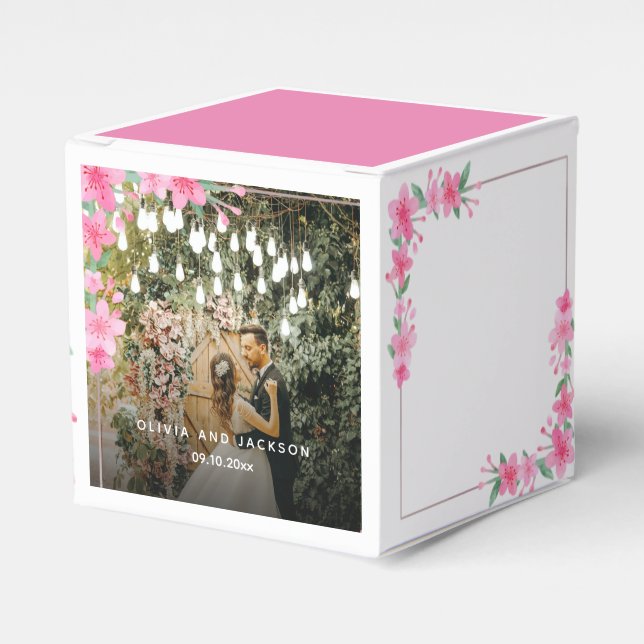 Welcome Party Pink Floral Golden Frame wedding Favor Box (Front Side)