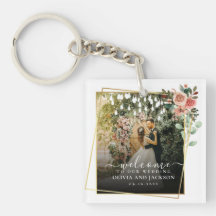 Welcome Party Pink Floral Golden Frame wedding